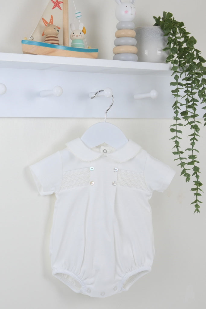 Smocked Cotton Romper Suit Ivory