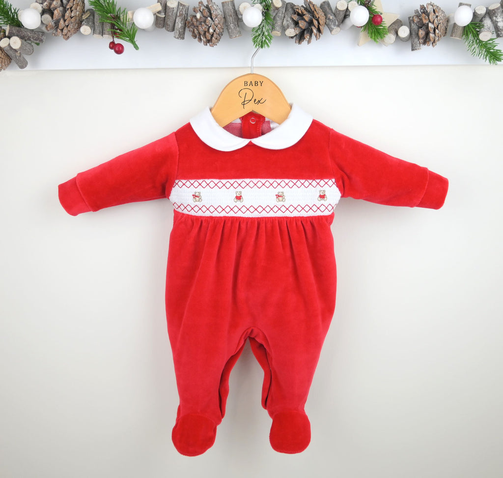 Teddy Smocked Sleepsuit  Red