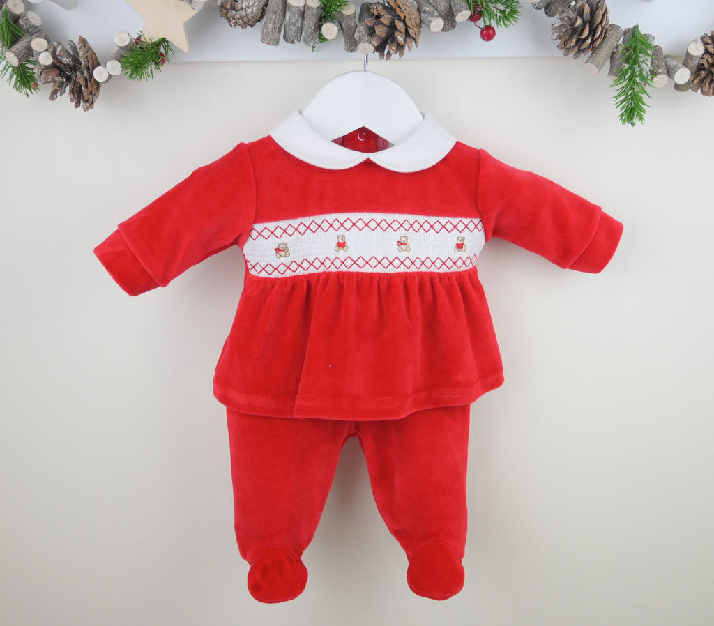 Teddy Smocked Outfit  Red