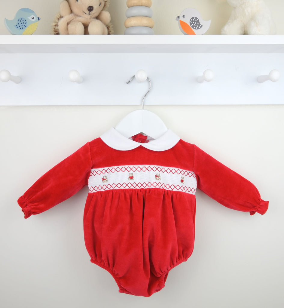 Teddy Smocked Romper Red
