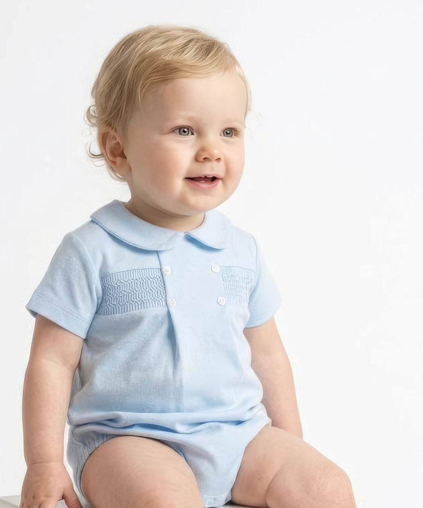 Smocked Cotton Romper Suit  Blue