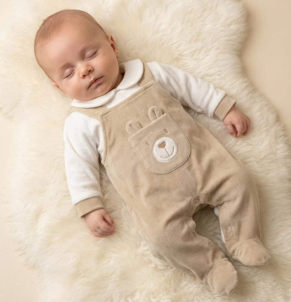 Bear Dungaree style sleepsuit  Natural