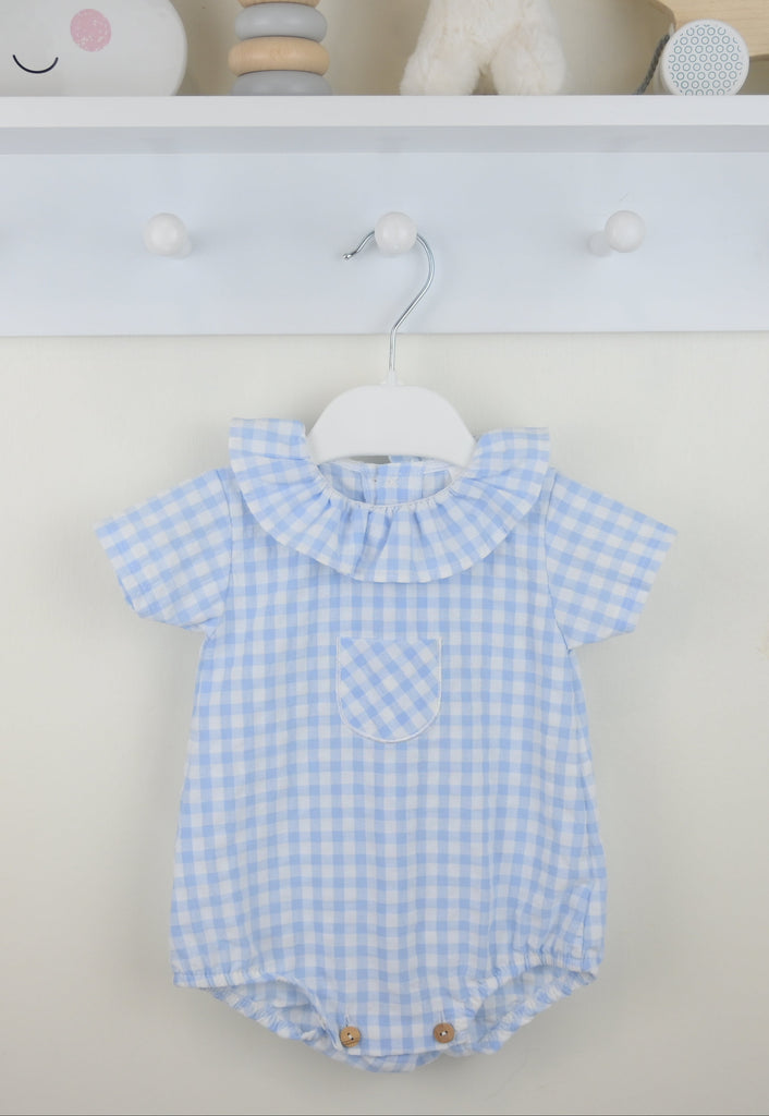 Blue Gingham frill collar Romper