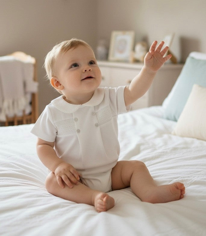 Smocked Cotton Romper Suit Ivory