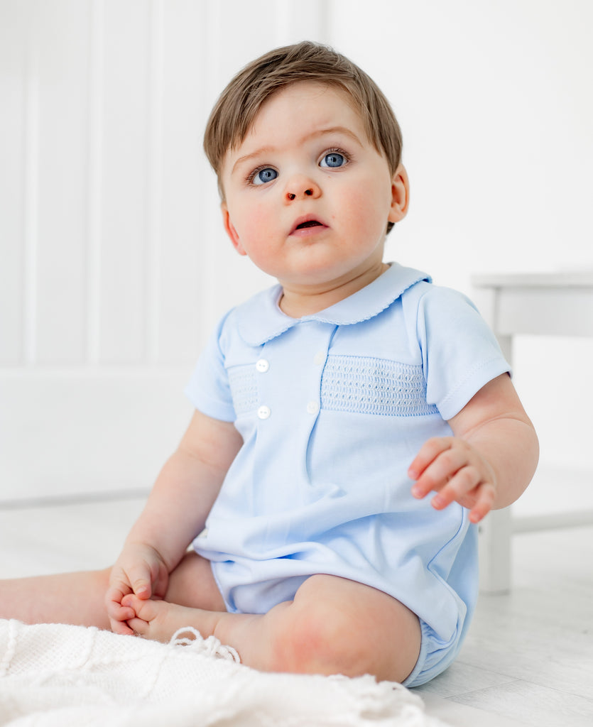 Smocked Cotton Romper Suit  Blue
