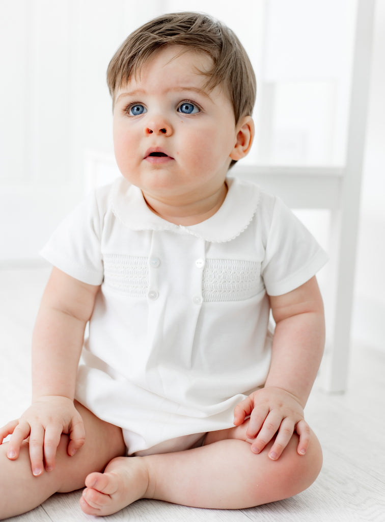 Smocked Cotton Romper Suit Ivory