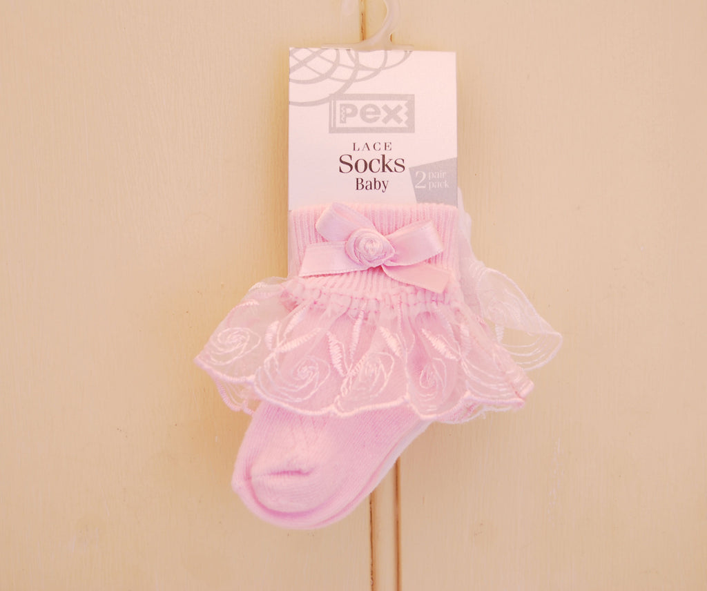 Swirl Lace Socks Pink/White  (12 x 2 Pair Packs)