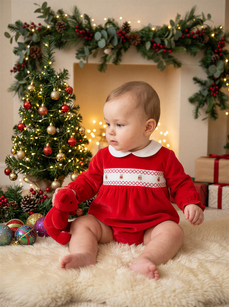 Teddy Smocked Romper Red