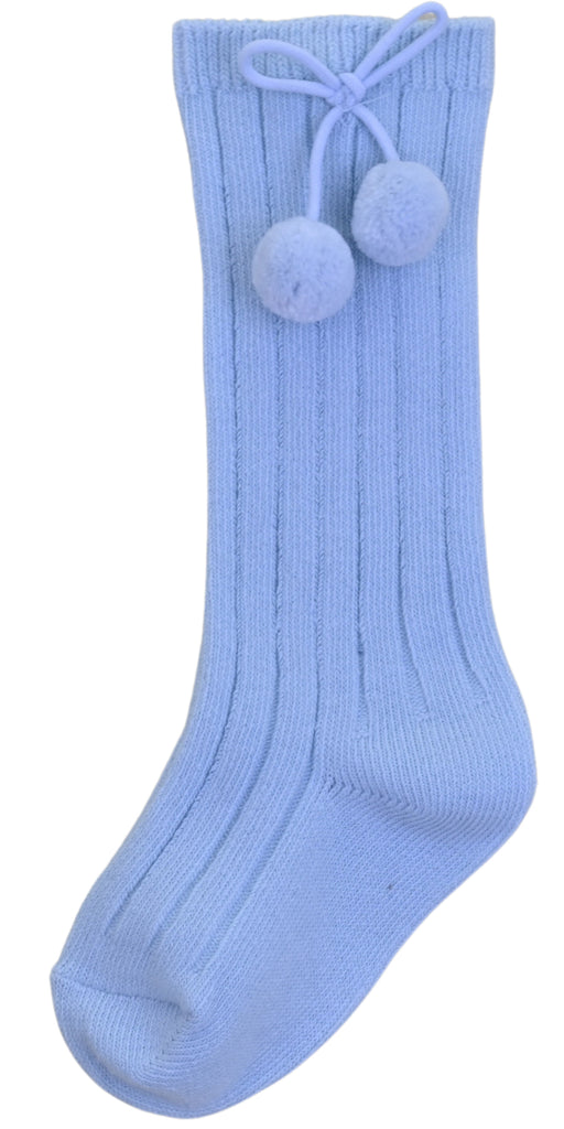 Pom Pom Knee High Socks Blue (Pack of 6)