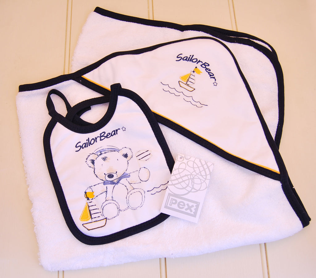"Sailor Bear" hooded towel and bib gift set